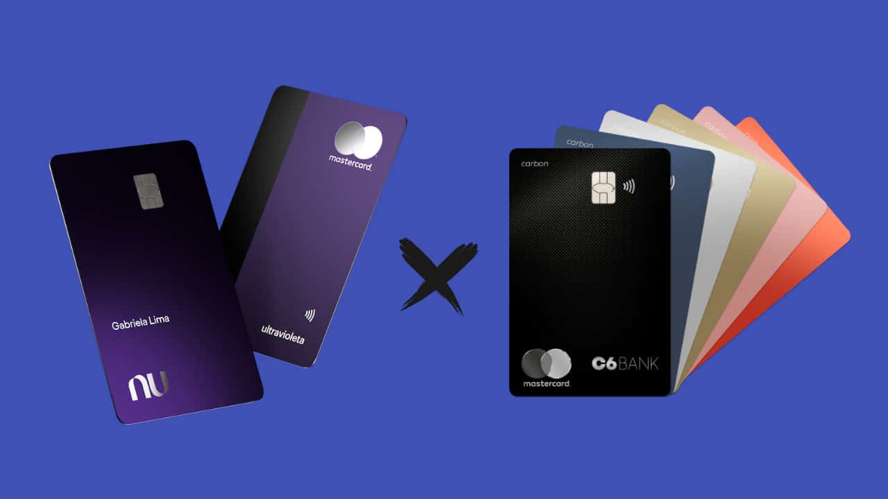 Cartões Nubank Ultravioleta e C6 Carbon em um fundo azul.