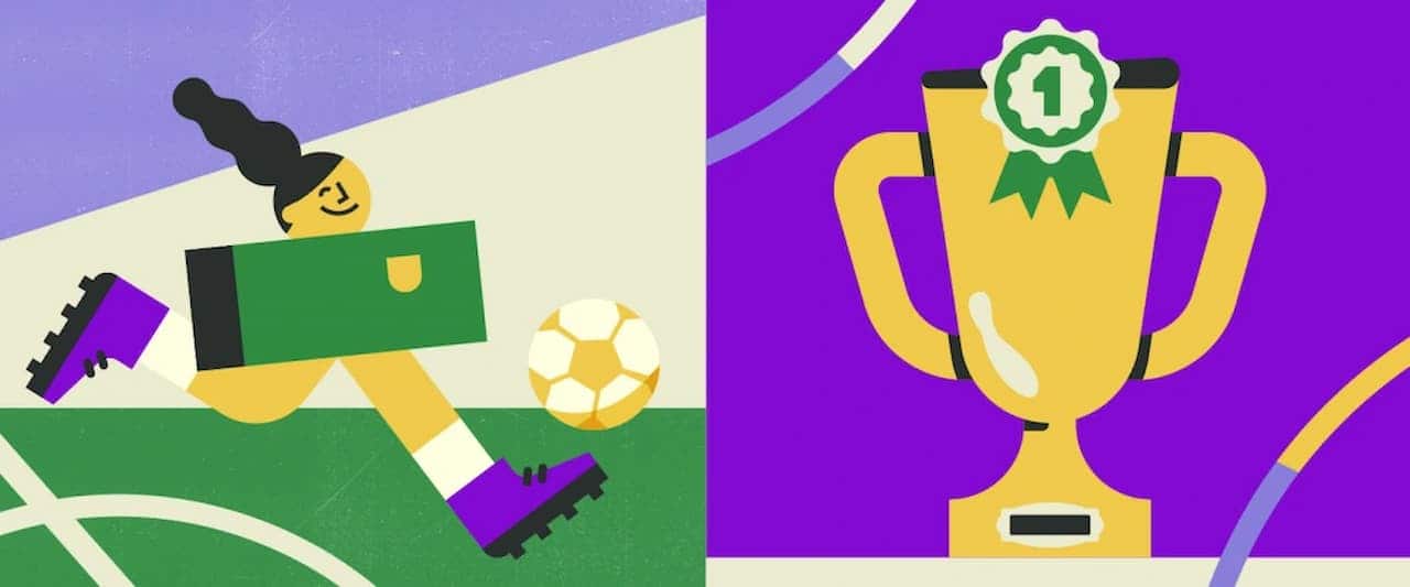 Menina chutando a bola e taça da Copa