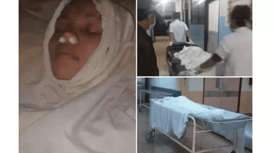 Imagens de mulher com algodão nas narinas e hospital