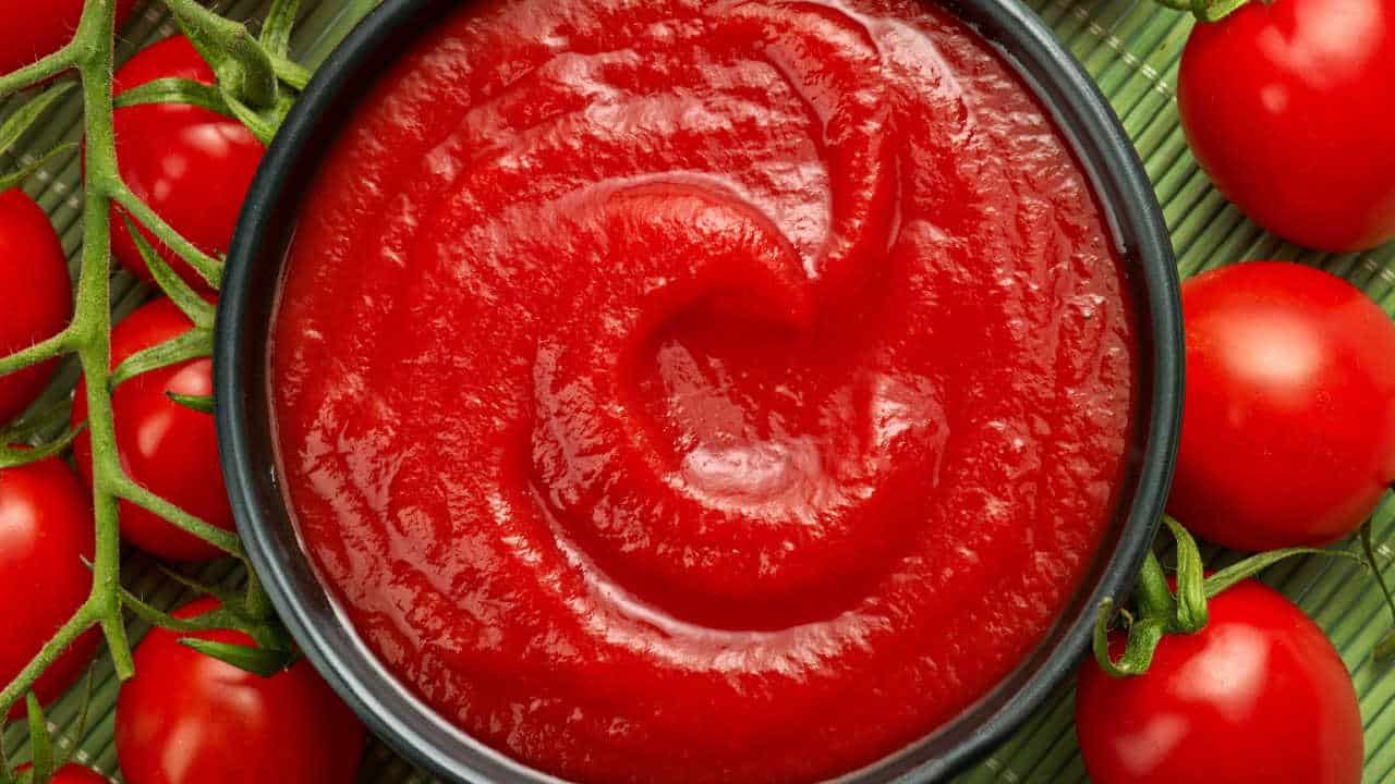 Imagem de molho de tomate em uma tigela e tomates maduros em volta