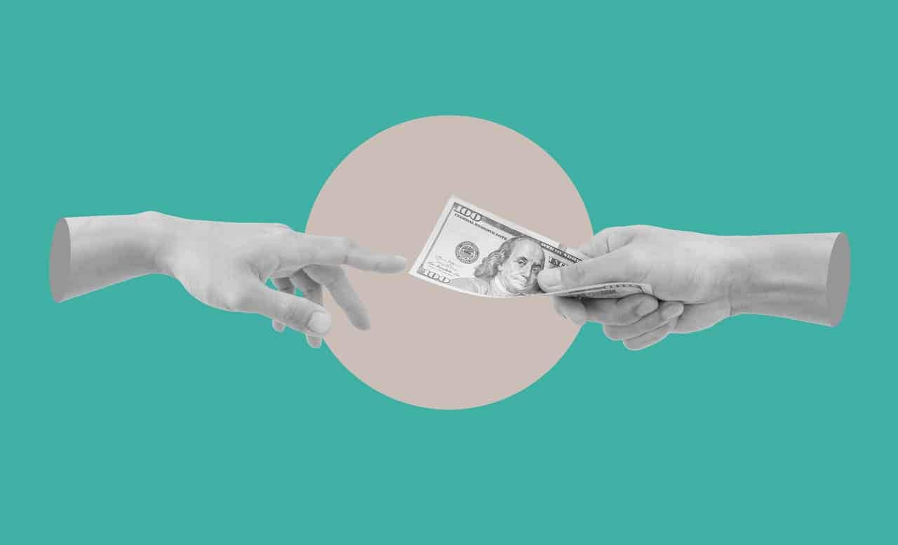 Desenho de uma não entregando uma nota de dólar a outra mão
