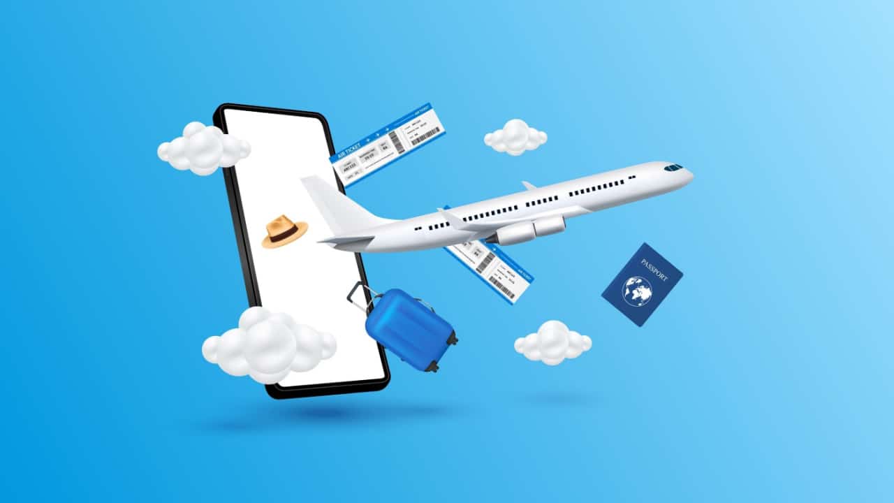 Ilustração de um celular em um céu azul, entre nuvens. Da tela do aparelho, saem um avião, duas passagens aéreas, uma mala e um passaporte.