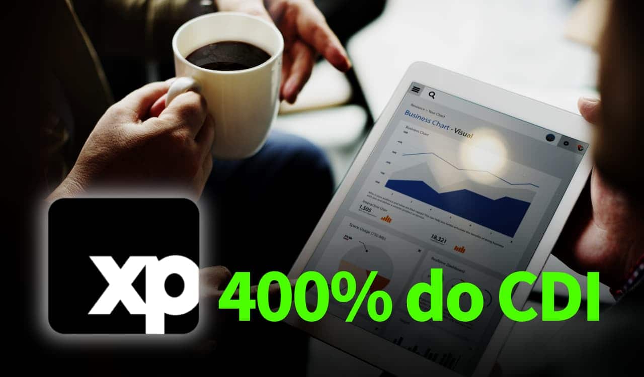 Montagem com duas pessoas analisando gráficos de investimento e a logo da XP. Na parte de baixo, aparece o texto "400% do CDI".