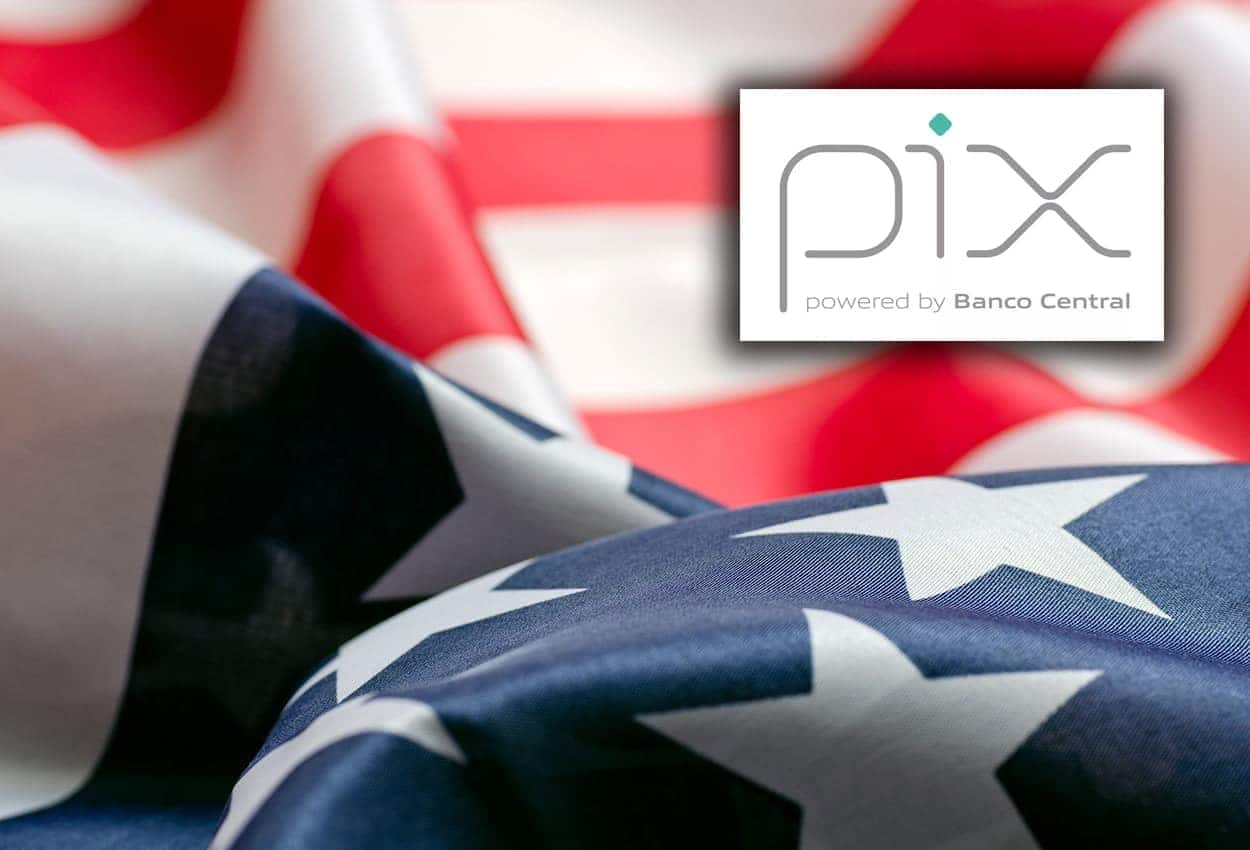Imagem da bandeira dos Estados Unidos. Sobre ela, o logo do PIX.