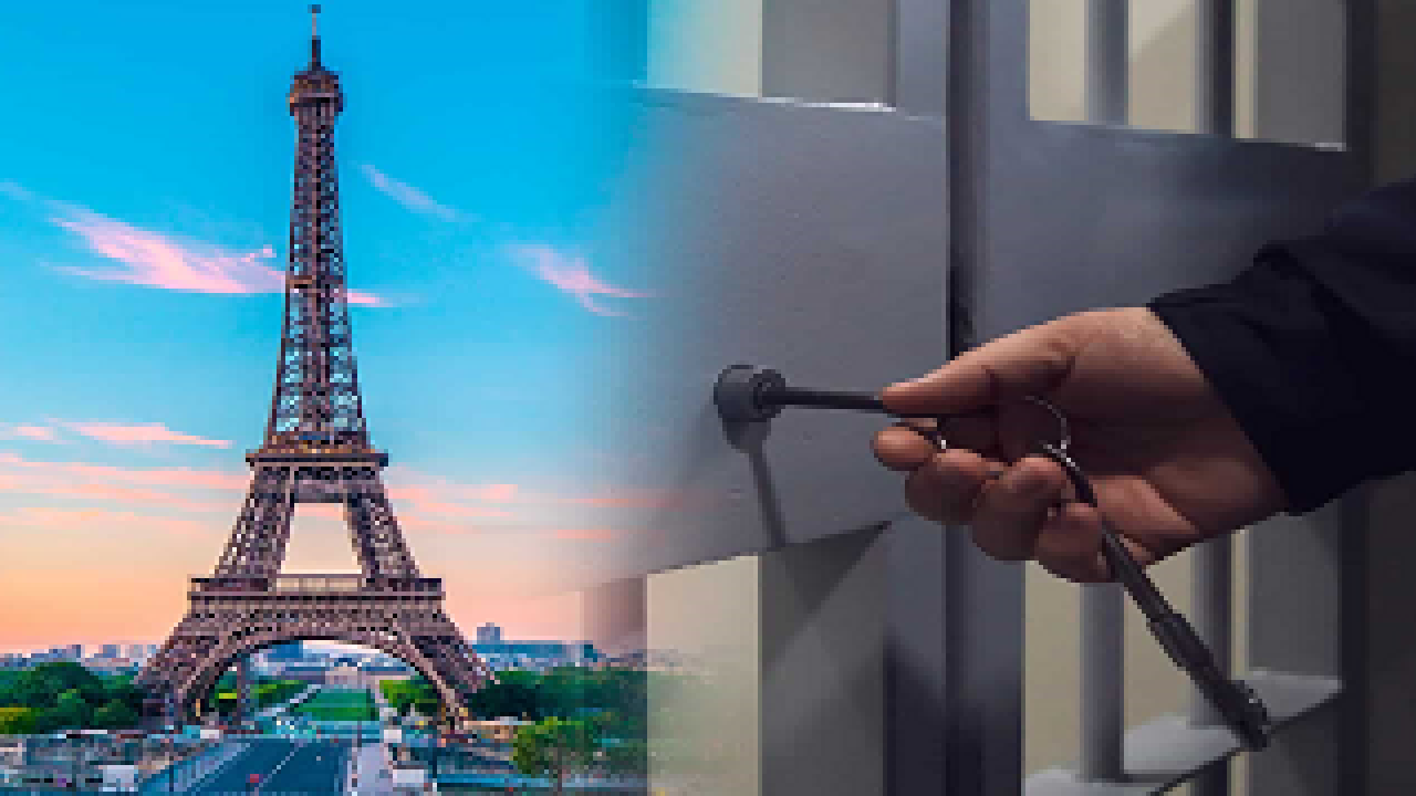 Imagem da Torre Eiffel de um lado e do outro uma cela.