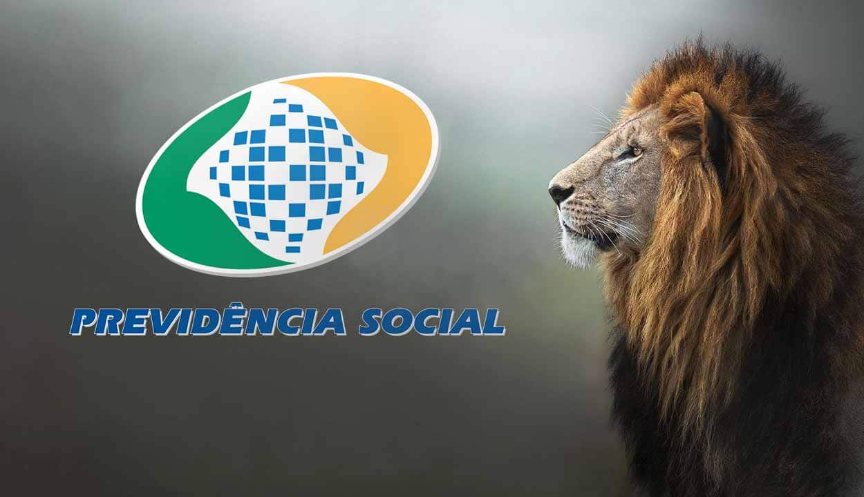 Imagem do logo do INSS, "Previdência Social" em um fundo neutro. Ao lado, um leão de perfil.