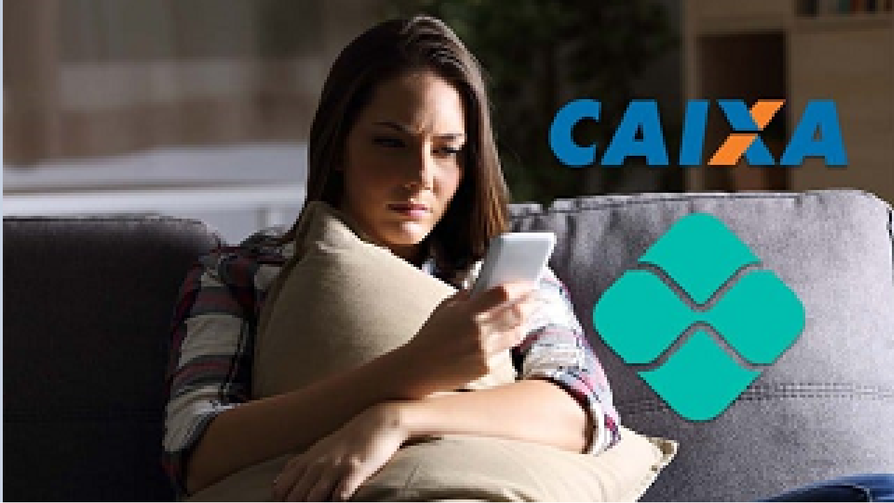 Mulher olhando para seu celular com semblante de preocupação. Ao lado, o símbolo do Pix e da Caixa.