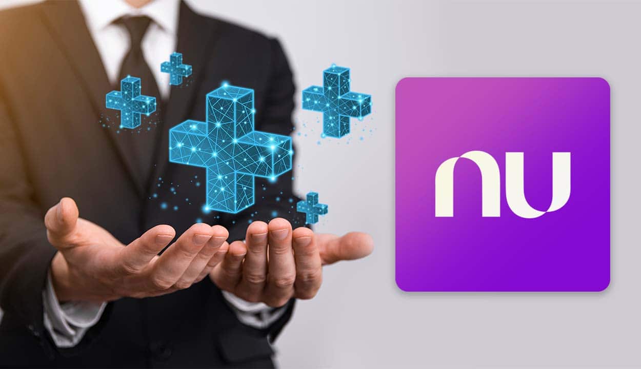 Homem de gravata com as palmas da mão para cima com sinais de mais flutuando e logo do Nubank ao lado