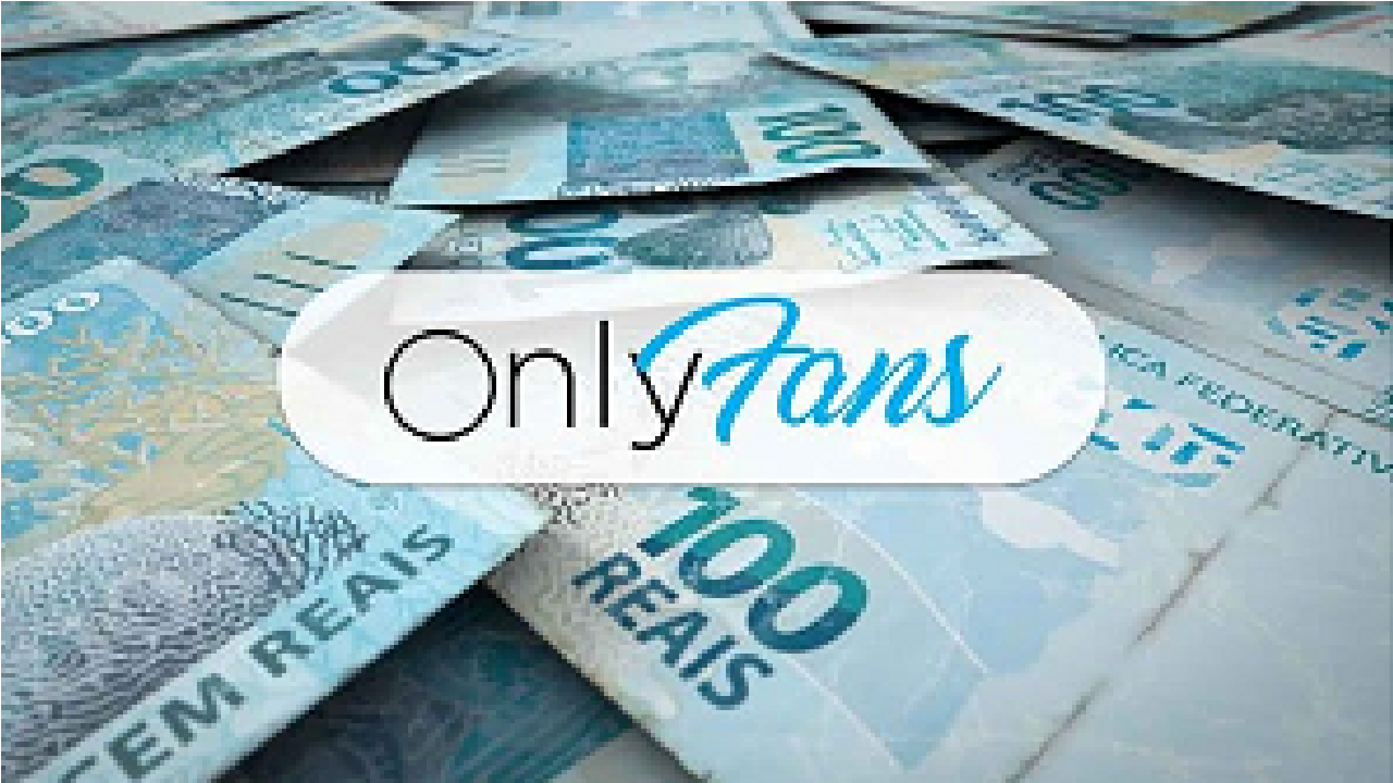 Imagem de várias notas de 100 reais com o símbolo do OnlyFans sobreposto.
