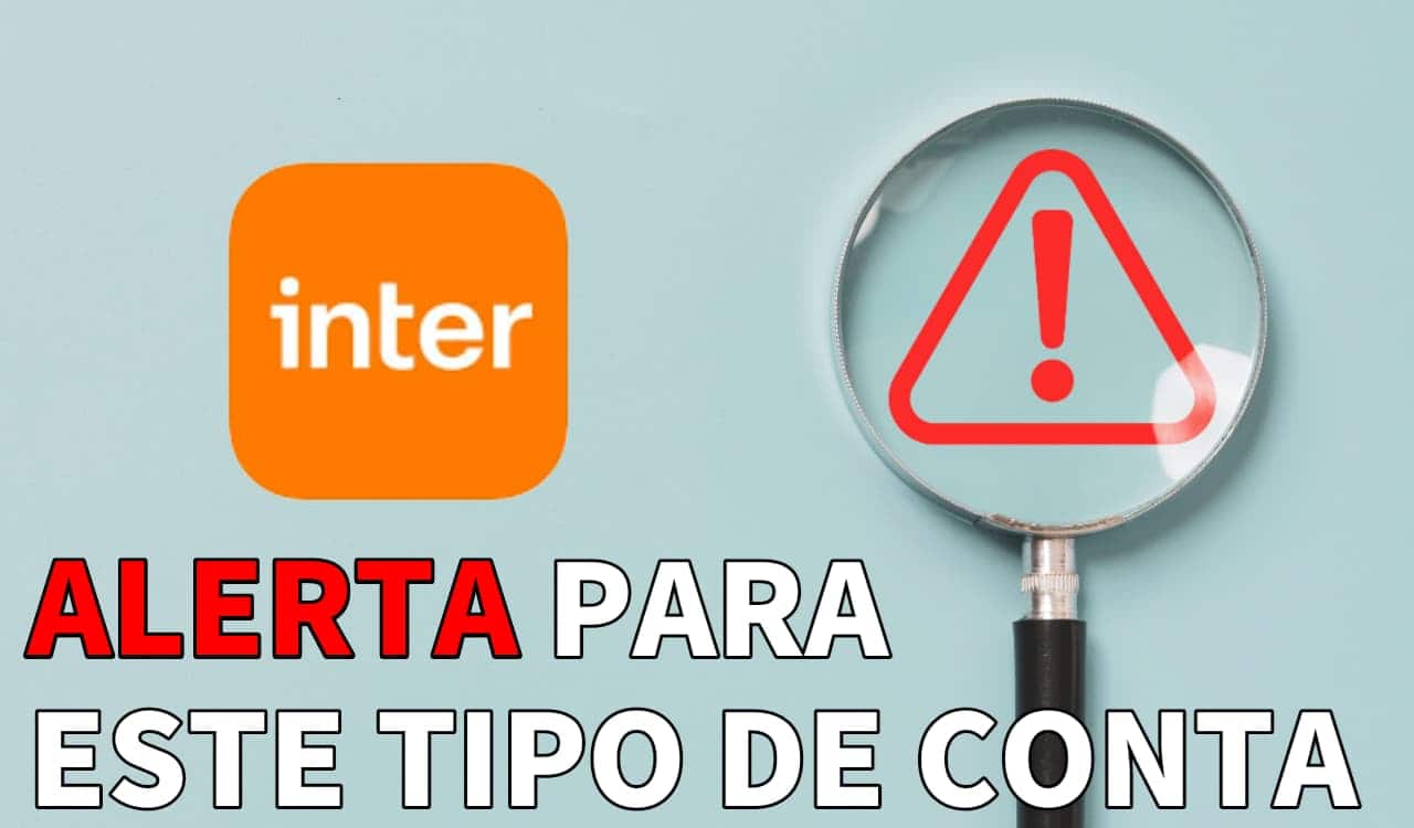 Logo do banco Inter ao lado de lupa com sinal de atenção