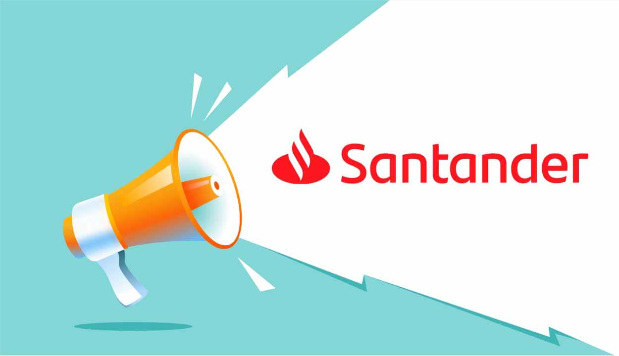Ilustração de um megafone laranja com a logo do Santander ao lado