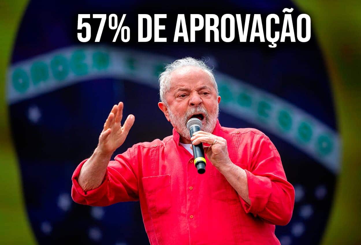 Presidente Luiz Inácio Lula da Silva com camisa vermelha, enquanto fala em microfone, na parte superior está escrito: "57% de aprovação"