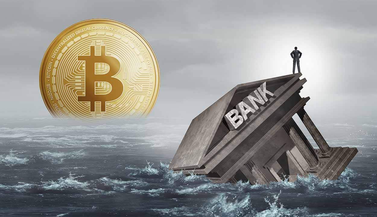 banco afundando no mar e criptomoeda bitcoin posicionada ao horizonte