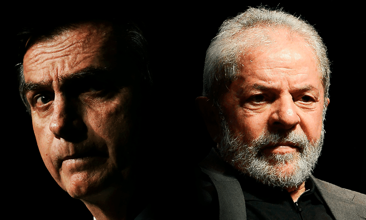 ex-presidente Jair Bolsonaro a esquerda, de costas para o presidente Lula com uma transição preta entre eles datafolha