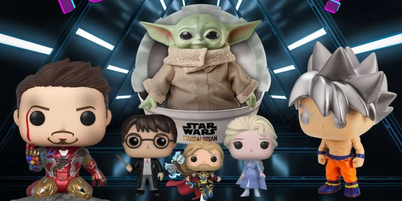foto de bonecos da fábrica Funko, em ordem estão: miniatura de baby Yoda, Homem de Ferro, Harry Potter, Thor, Frozen e super Goku.