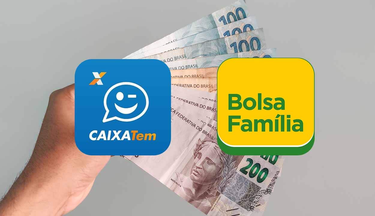 Mão segurando notas de dinheiro ao fundo com logo do Caixa Tem e Bolsa Família à frente