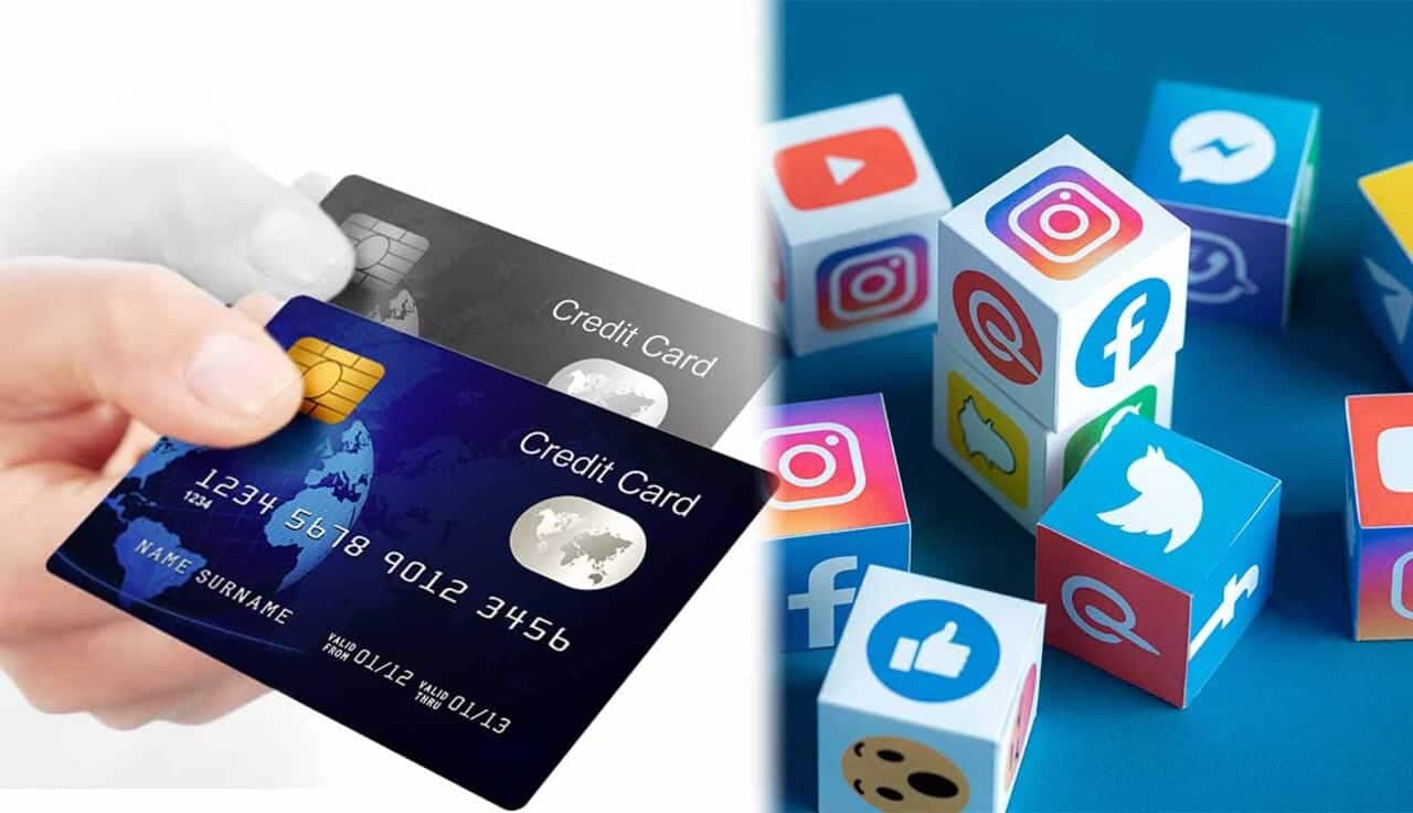 Montagem de duas imagem. A primeira é de uma pessoa segurando cartões de crédito. Na outra aparecem dados brancos com as marcas de redes sociais como Twitter e Instagram