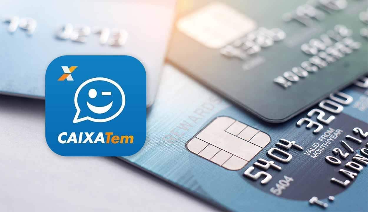 imagem de vários cartões de crédito juntos e ao lado a ilustração do logo da Caixa Tem.