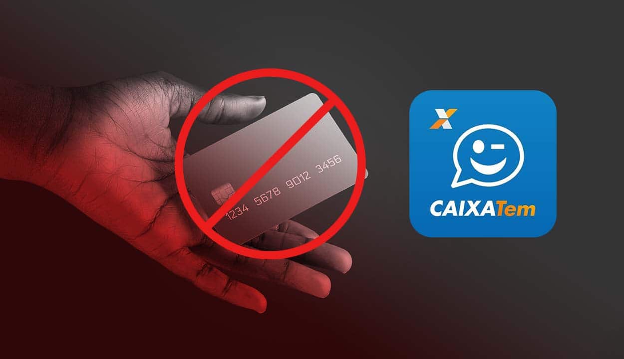 Imagem composta por uma mão segurando um cartão enquanto um símbolo de pare está posicionado em cima do plástico. Ao lado da mão, há a logo do Caixa Tem