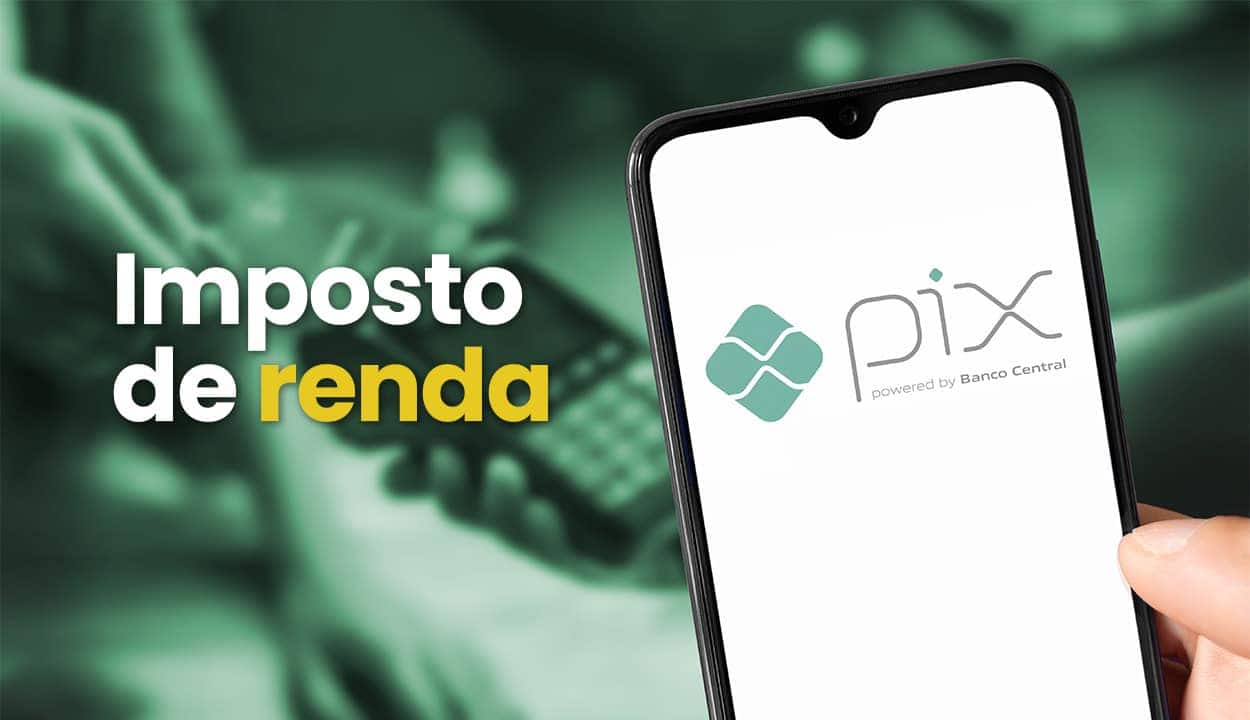 Mão segurando celular com Pix aberto com fundo estampando uma máquina de cartão
