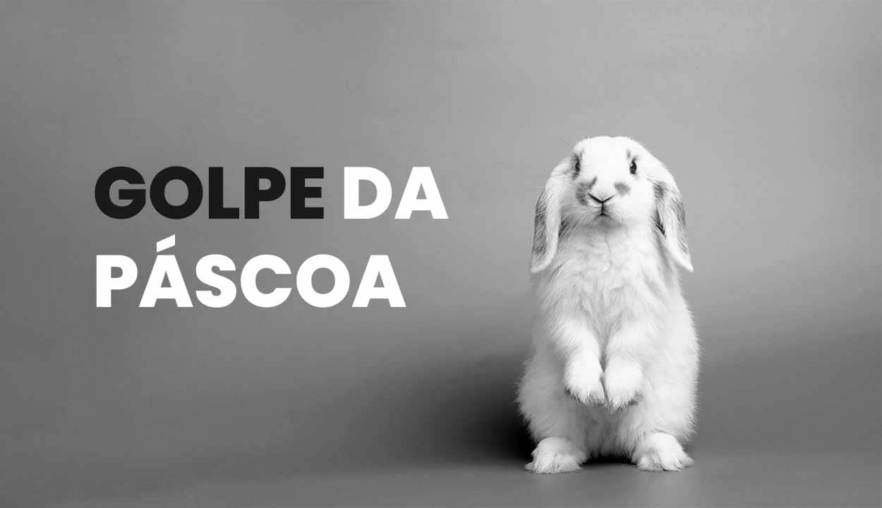 Foto em preto e branco com um coelho branco e escrita "Golpe da Páscoa" ao lado