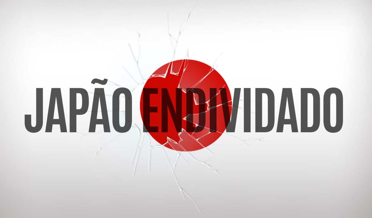 Imagem da bandeira do Japão com rachados e o texto "Japão endividado"