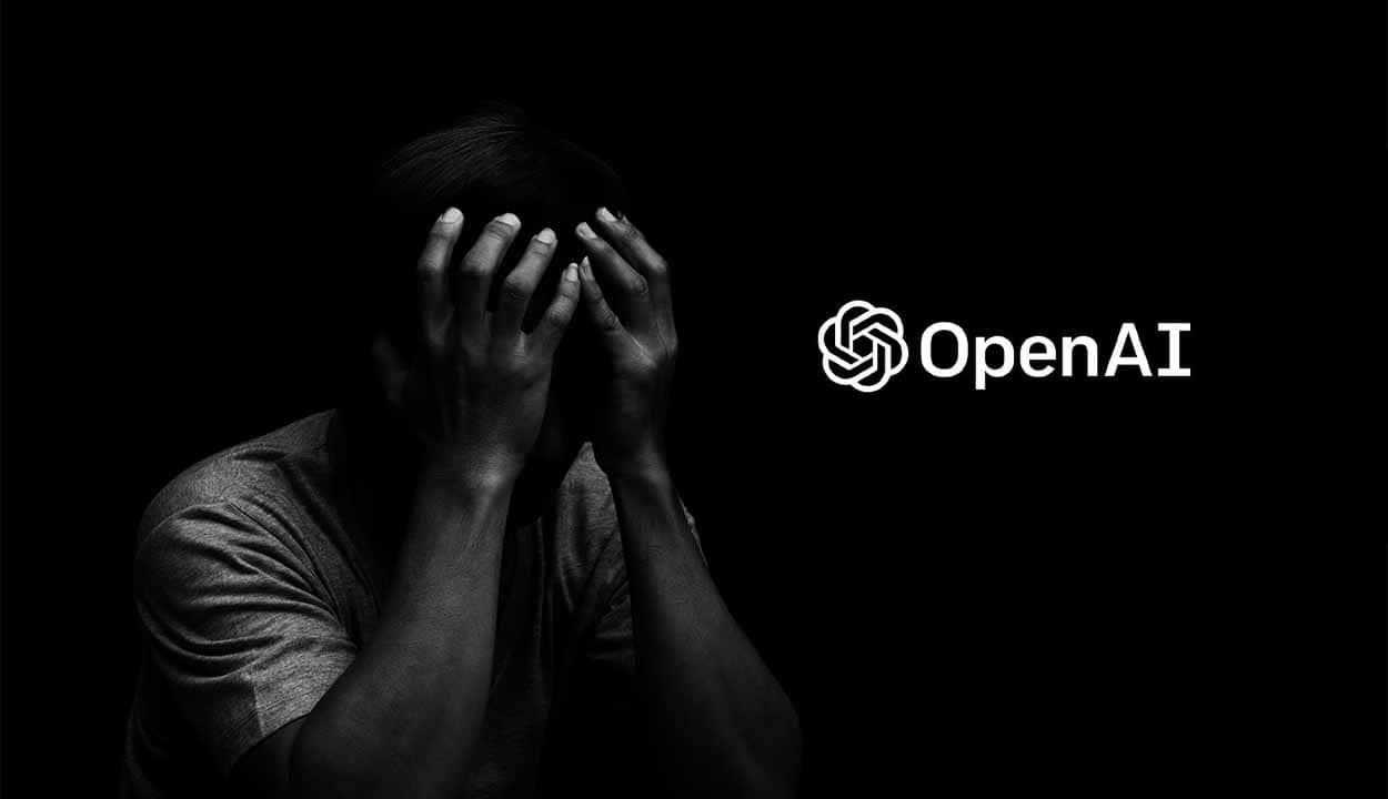 Homem preocupado com as mãos no rosto ao lado da logo da OpenAi