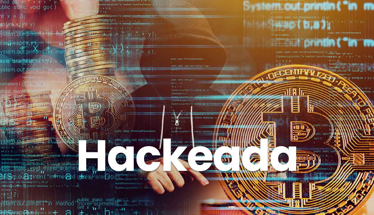 Imagem com reflexo de moedas de Bitcoin e uma pessoa encapuzada