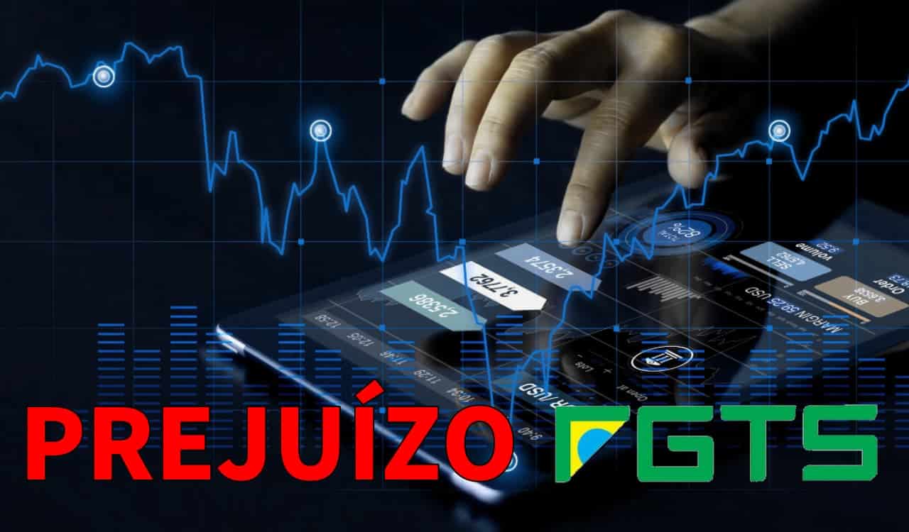 Pessoa investindo com o FGTS por meio de celular, ao fundo, luzes representando gráficos financeiros, na parte inferior está escrito: "Prejuízo FGTS".