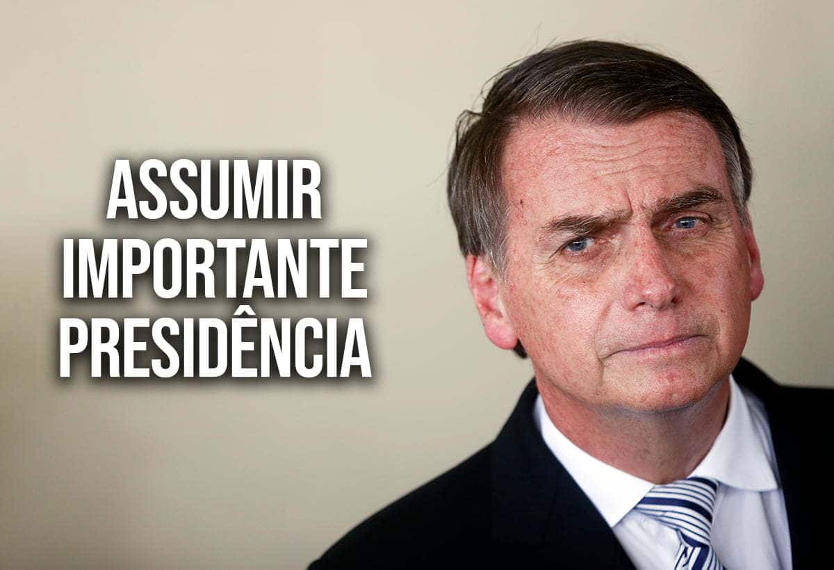 Imagem de Jair Bolsonaro com o letreiro "assumir importante presidência" ao lado.