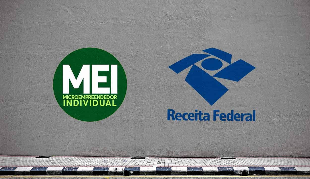 Fundo cinza com símbolo do MEI ao lado do ícone da Receita Federal