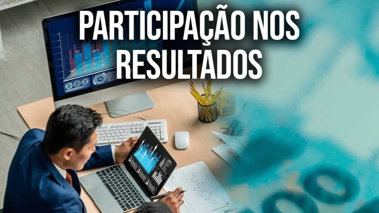 imagem de um homem no notebook analisando gráficos de resultados financeiros, na parte superior está escrito: "Participação nos resultados"