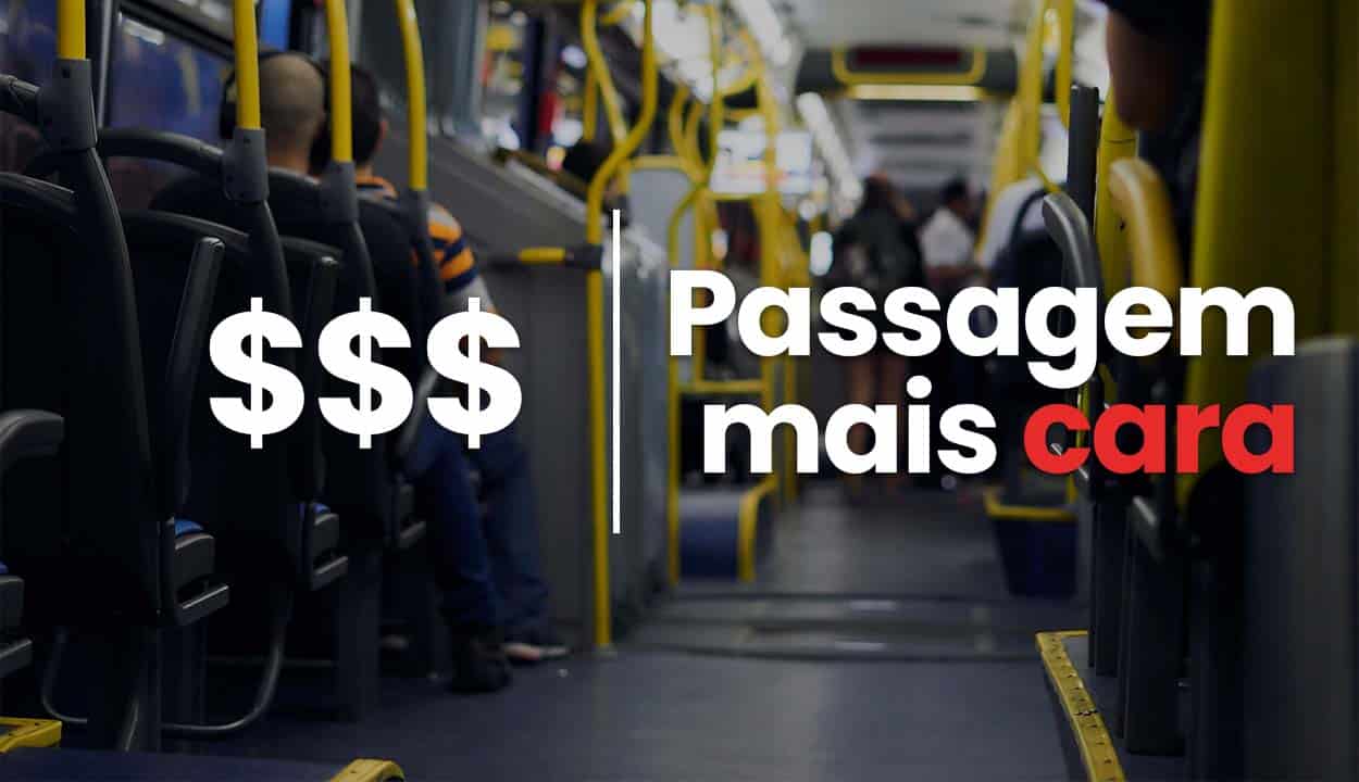 Imagem de um corredor de um veículo de transporte público com dois cifrôes desenhados e o texto "passagens mais cara" escrito