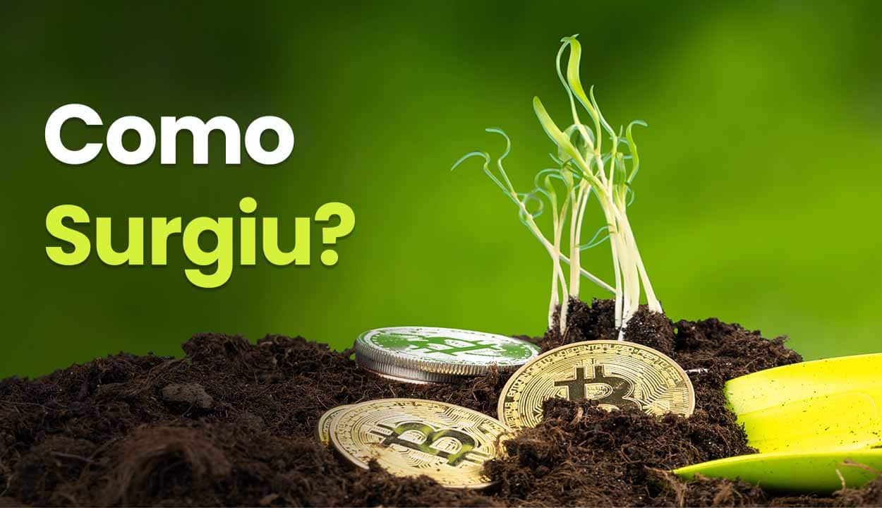 Imagem de uma planta em fase de crescimento com moedas de bitcoins na superfície