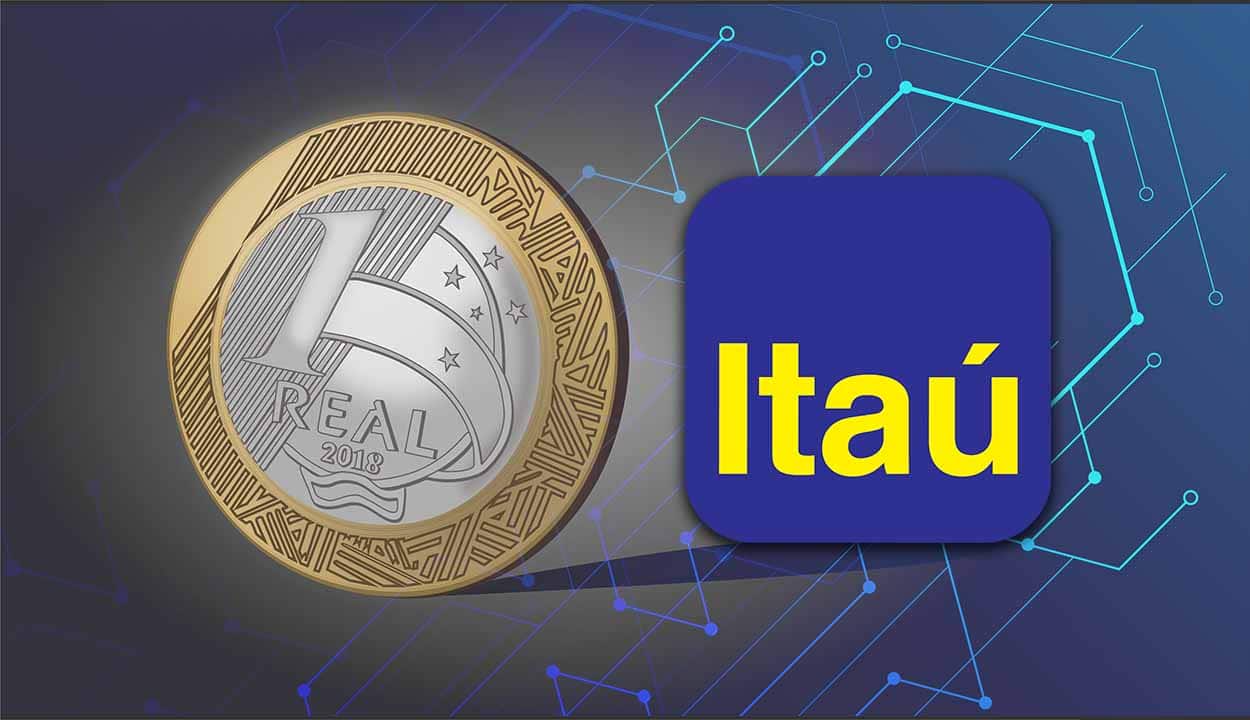 Moeda de 1 real ao lado da logo do Itaú