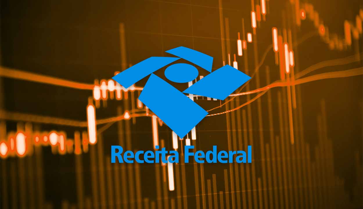 Gráficos de investimentos ao fundo com símbolo da Receita Federal ao centro da imagem