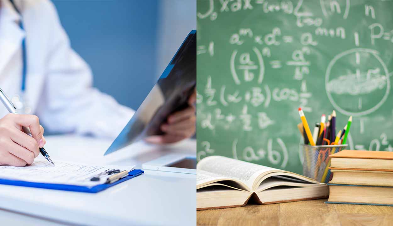 médico com exame e anotando em prancheta- quadro com fórmulas matemáticas, livros e porta lápis