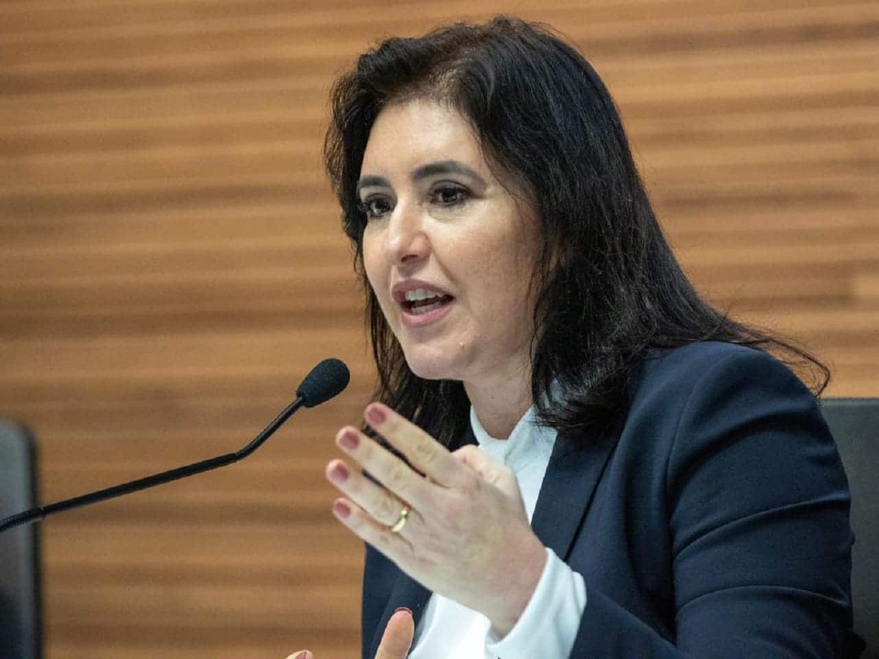 Imagem da Ministra do Planejamento, Simone Tebet, discursando. pé-de-meia