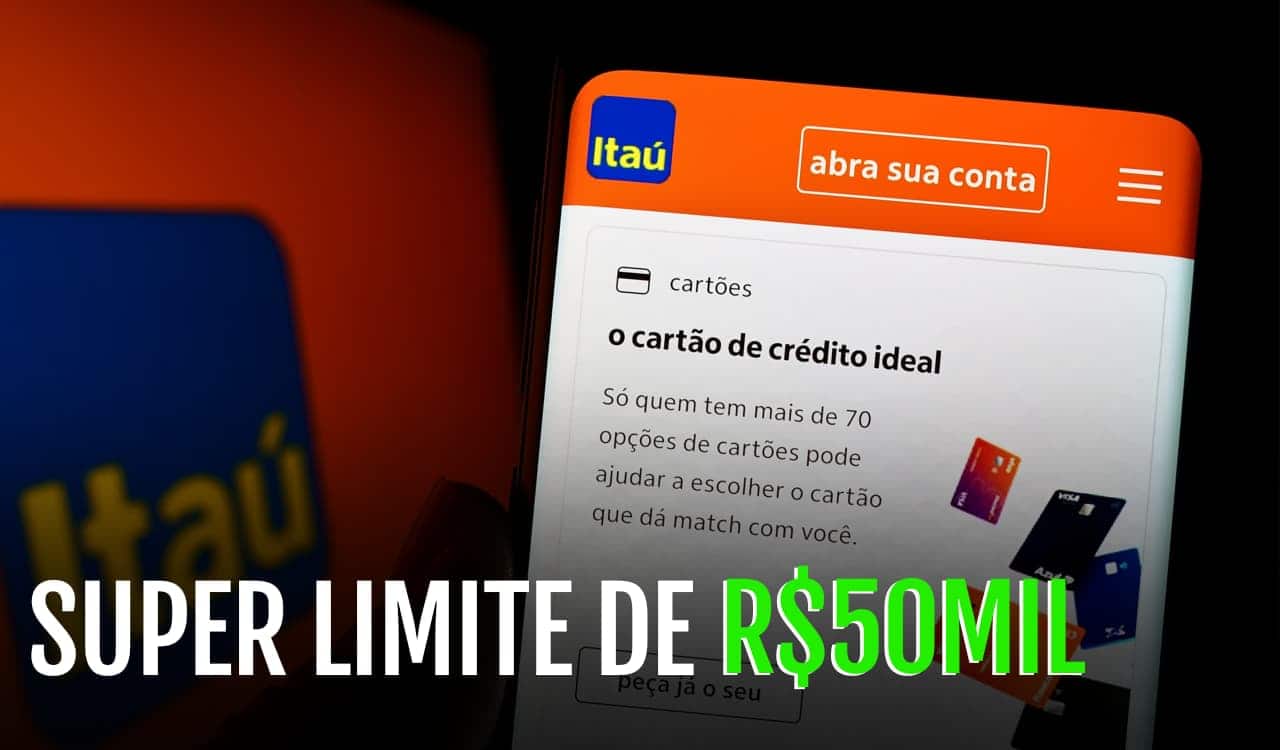 celular com app do Itaú na tela inicial e logo do banco ao fundo
