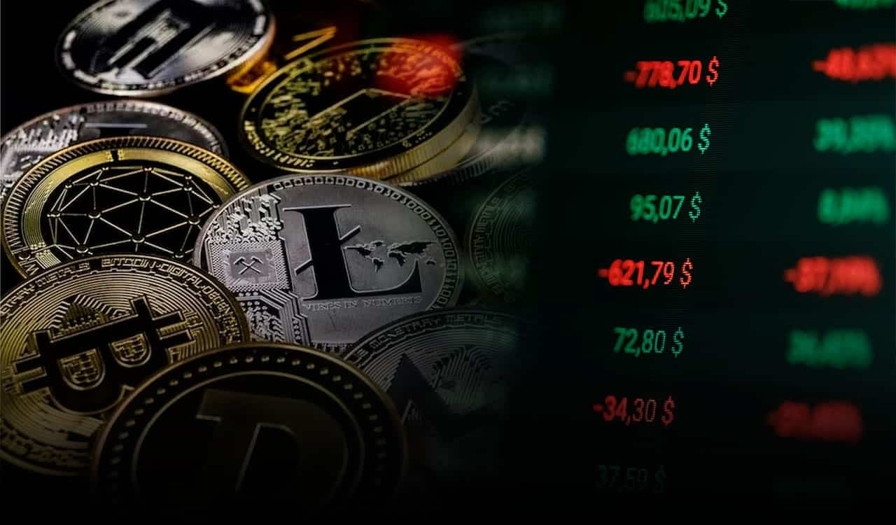 Montagem com a imagem de várias criptomoedas na esquerda e gráficos de ações na direita