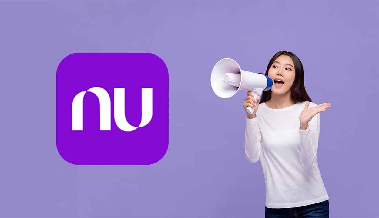 Montagem com uma mulher falando com megafone e a logo do Nubank