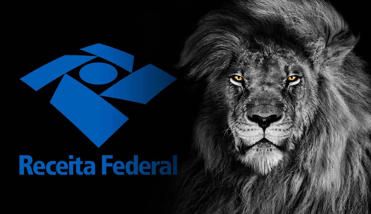 Símbolo da Receita Federal ao lado da imagem de um leão com fundo preto