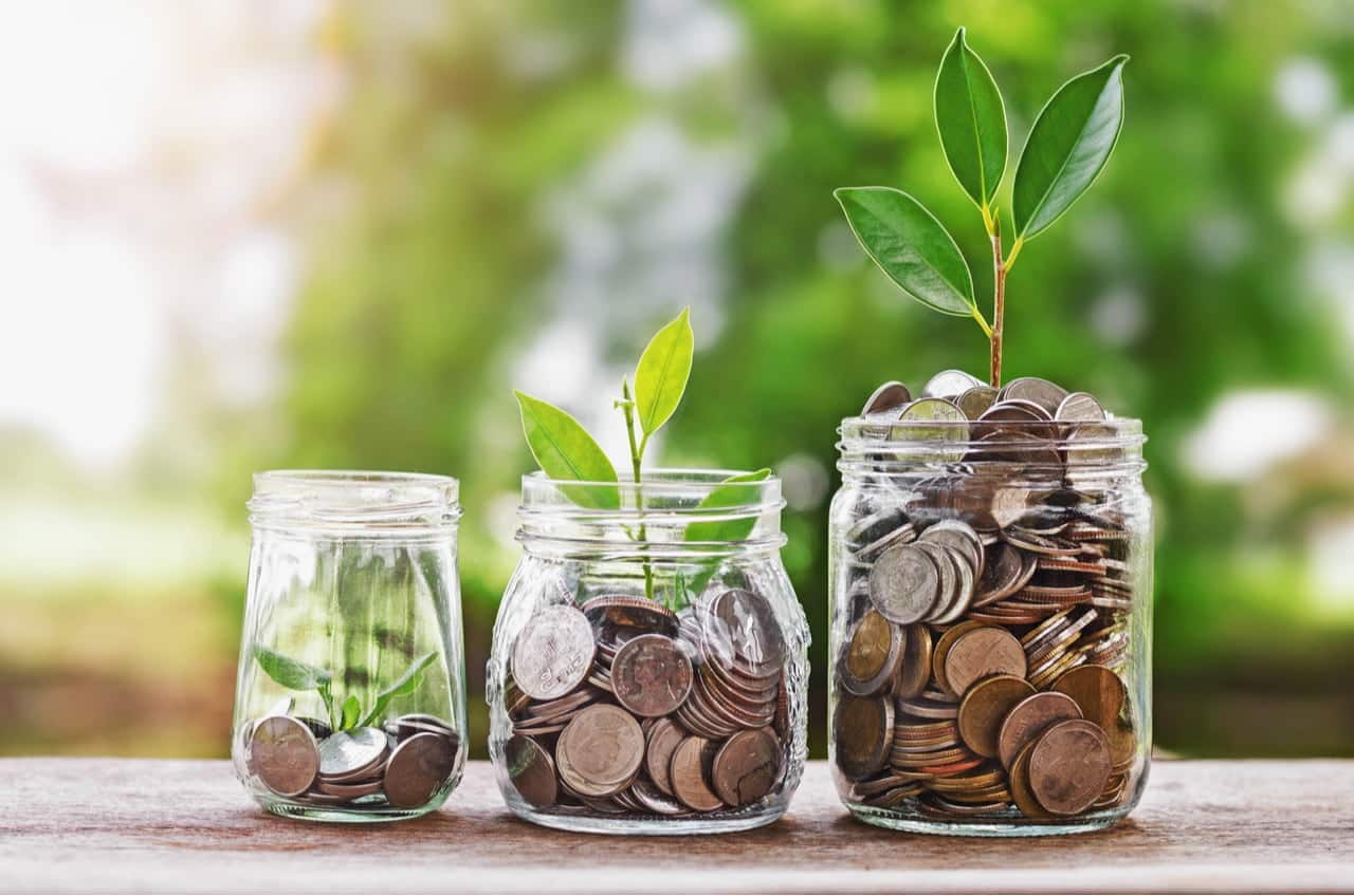 Três potes de moedas sobre uma mesa com plantas crescendo dentro deles, conforme o pote e o número de moedas crescem. Ao fundo, vegetação desfocada