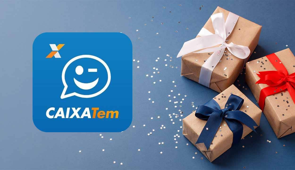 Logo Caixa Tem ao lado de presentes
