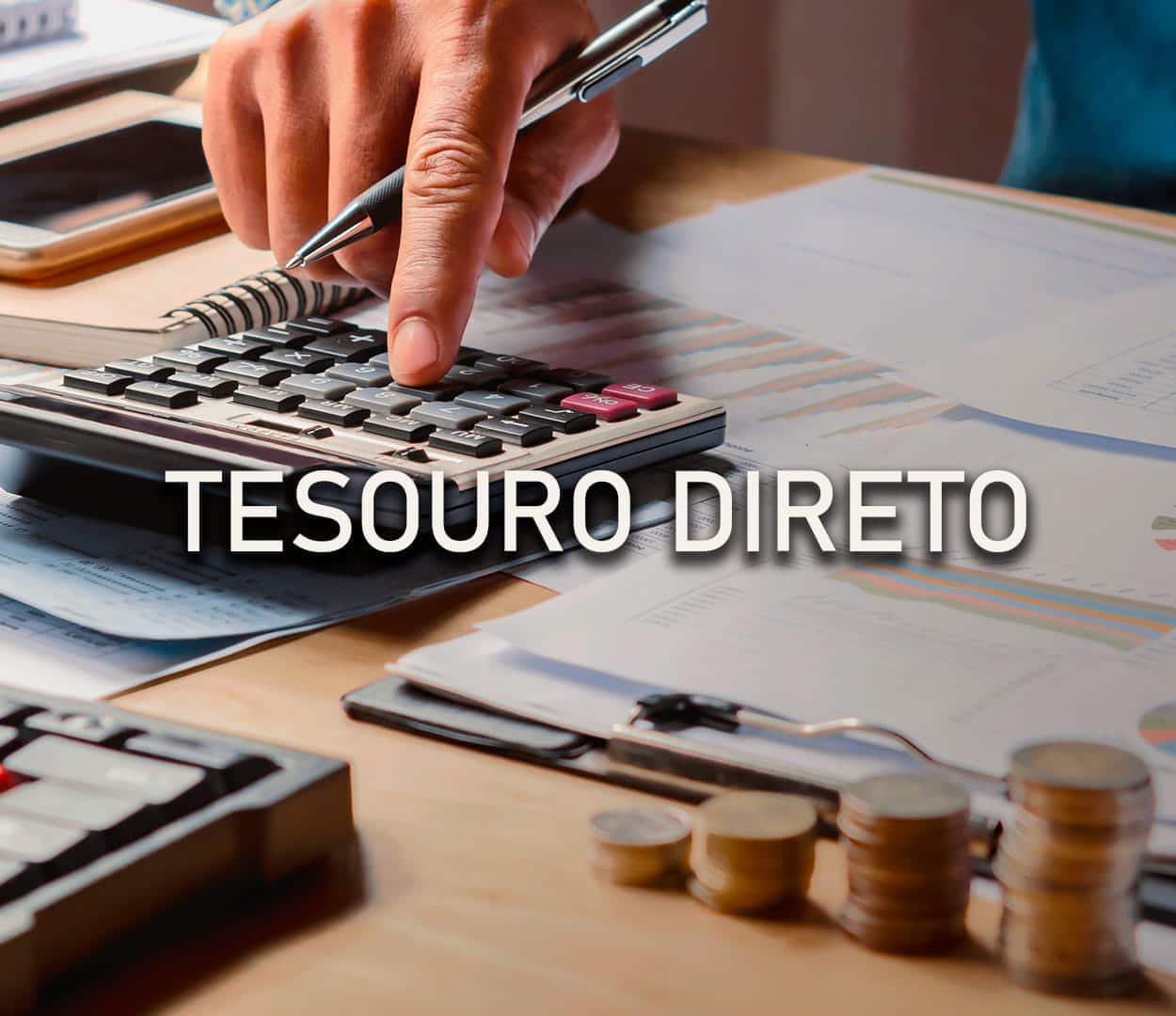 Imagem de uma pessoa analisando gráficos e fazendo contas em uma calculadora. Sobre a imagem aparece o texto Tesouro Direto