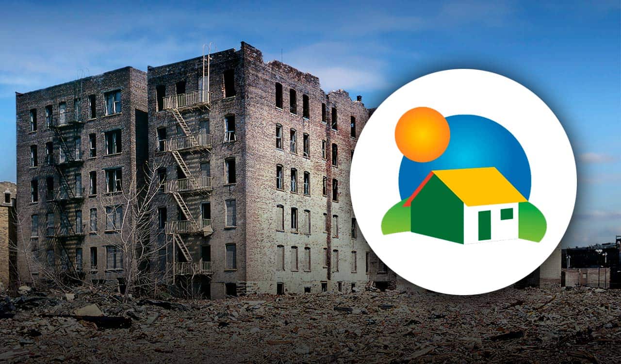 Imagem ilustrativa com um prédio abandonado e o logo do Minha Casa Minha Vida.