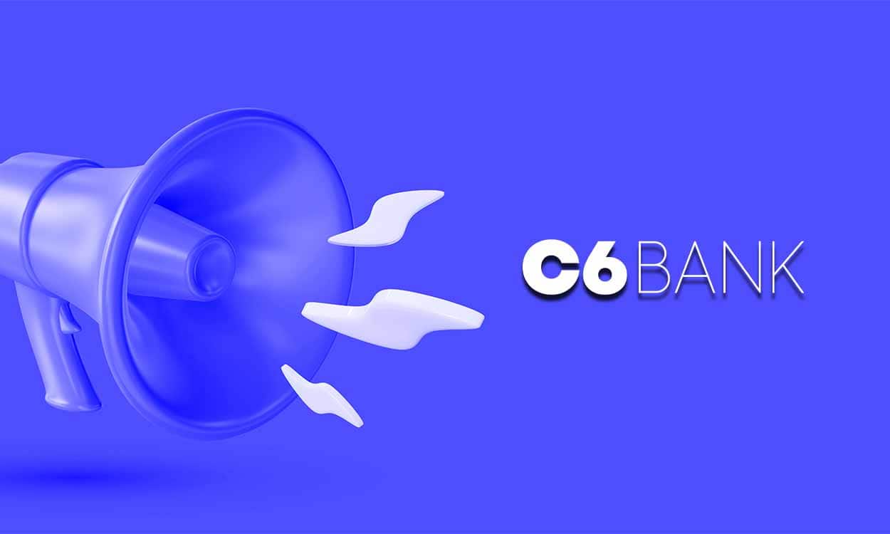 Um fundo roxo azulado com um megafone e a logo do banco C6 Bank