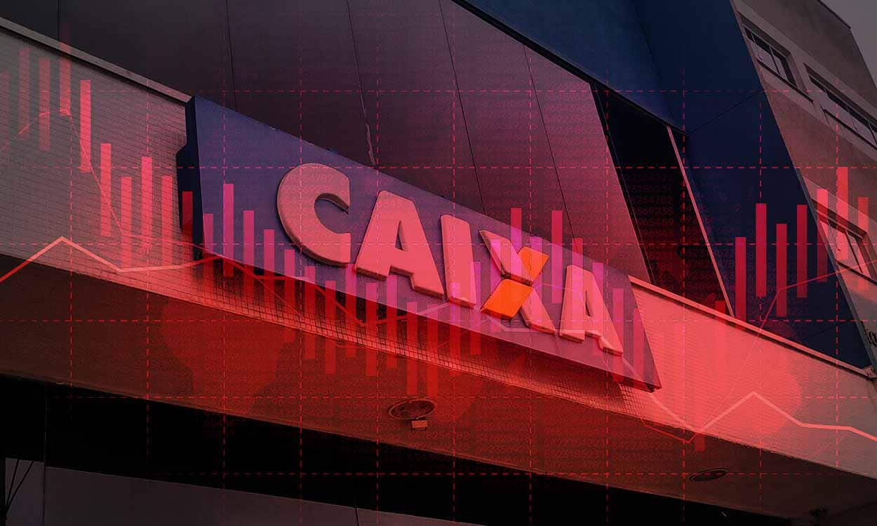 Imagem da fachada de agência da Caixa. Sobreposto, estão gráficos na cor vermelho.
