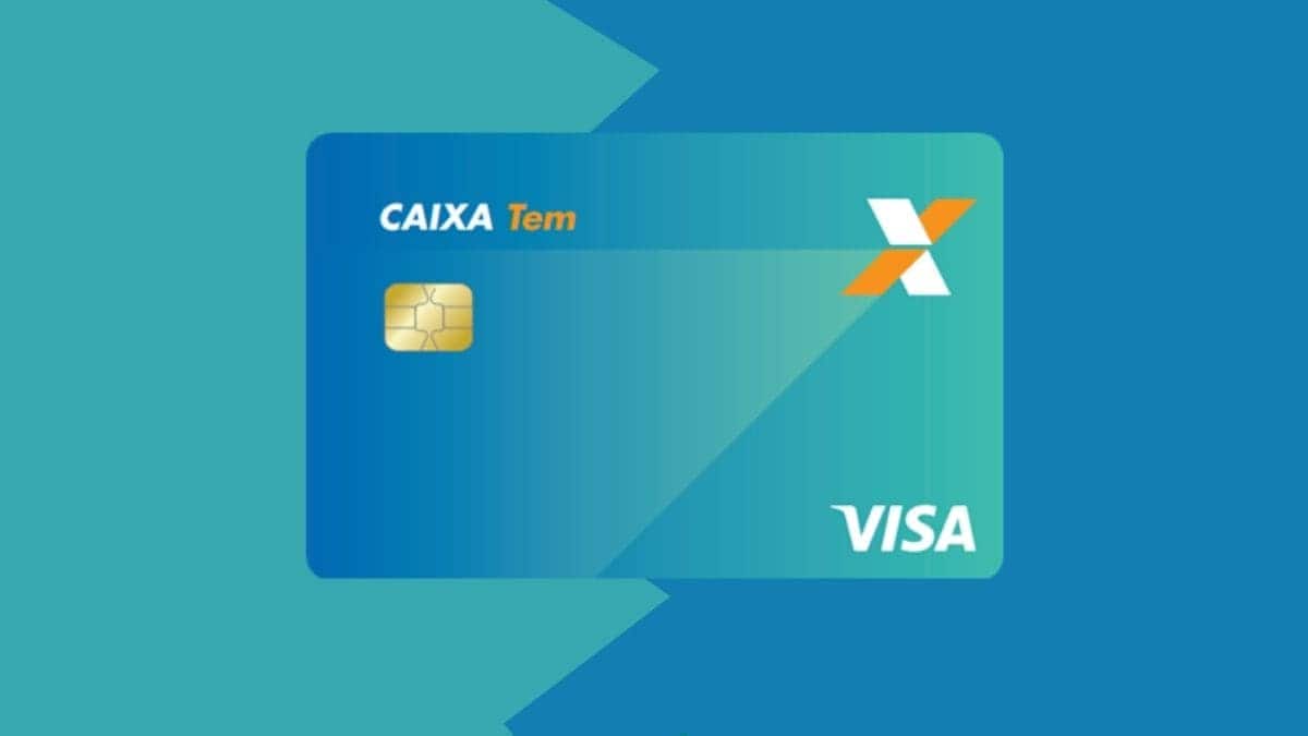 Fundo azul claro e azul escuro com cartão de bandeira Visa do Caixa Tem no centro da foto