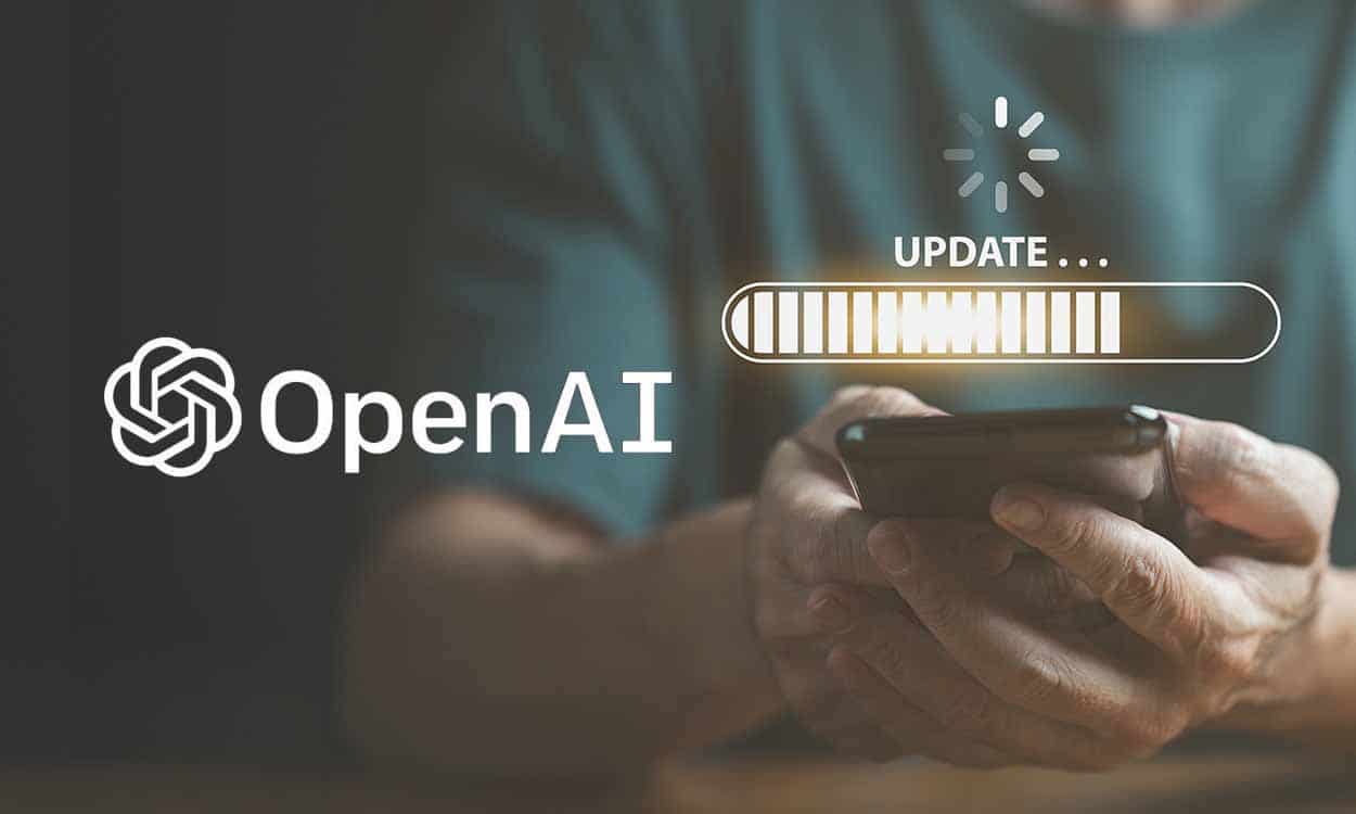 Na imagem há uma mão utilizando o celular e uma edição sobre a foto que diz "OpenAI" com o desenho de uma engrenagem